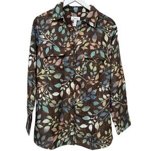 Denim & Co. Womens Top Medium Brown Leaf Print Button Up Shirt Long Sleeve NWOT